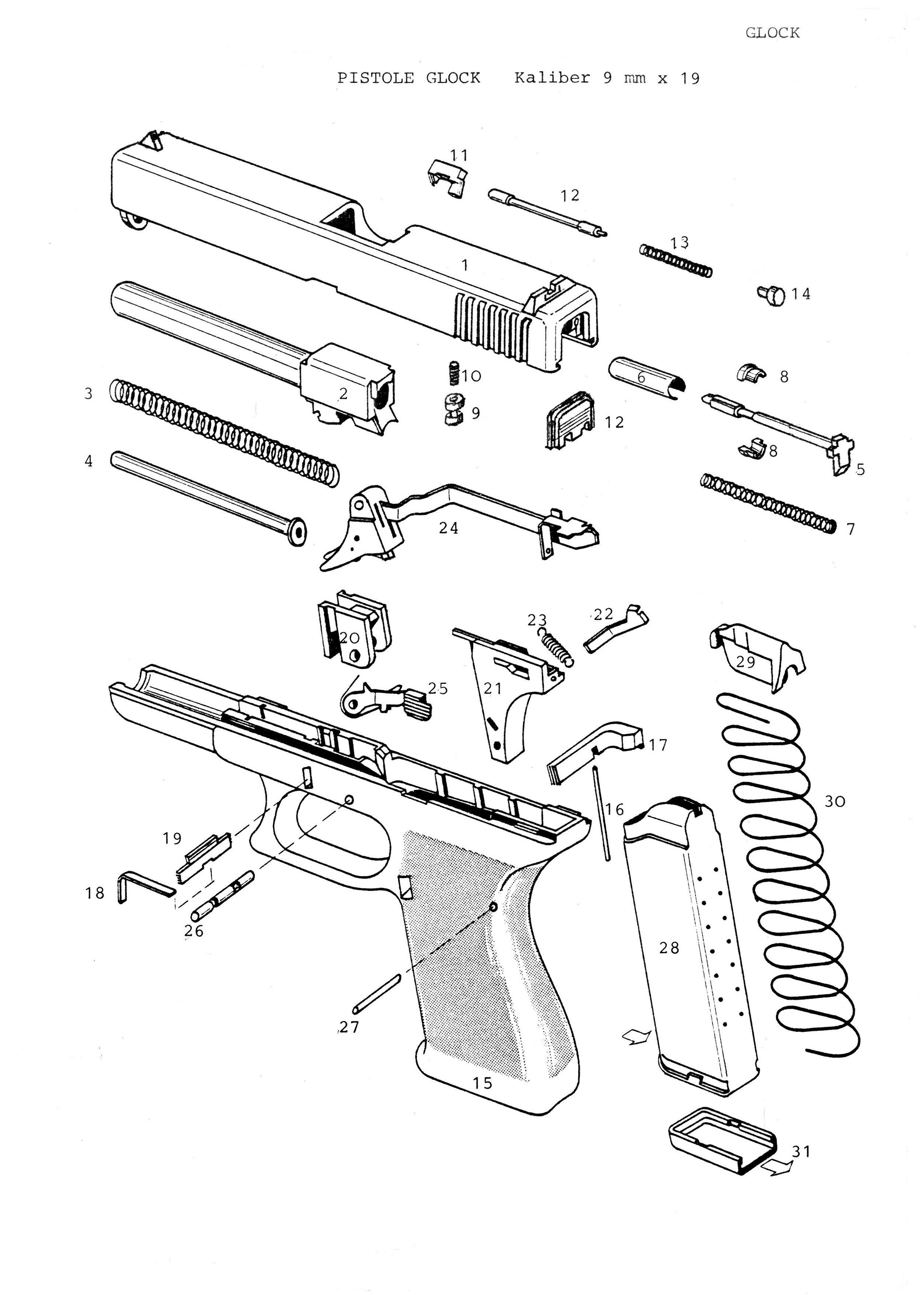 Explosionszeichnung einer frühen
Glock 17 - um 1982